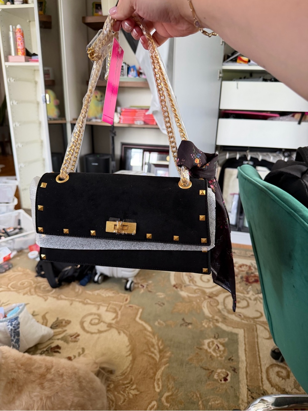 Betsy Johnson brand new Black Suede Chain-Handle Shoulder Bag with Gold Studs